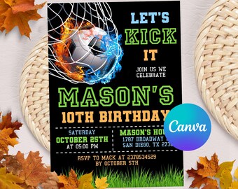 Editable Soccer Birthday Invitation Digital, Soccer Party Invite, Football Birthday Evite, Let's Kick Up Some Fun, Canva Template