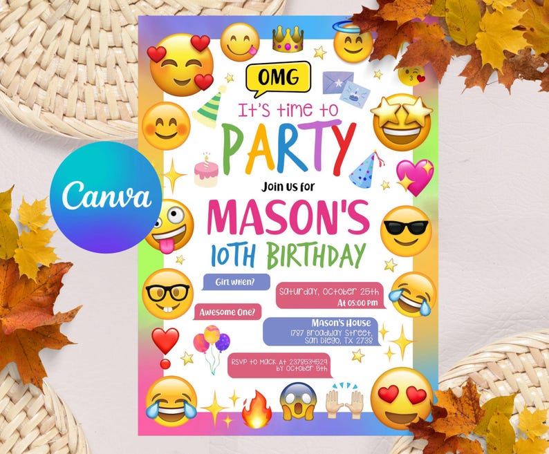 Emoji Invitation, Emoji Party Invitation, Emoji Birthday Invitation ...