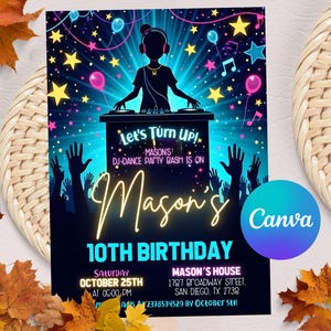 Faire-part d'anniversaire modifiable DJ dance party, faire-part d'anniversaire DJ dance party personnalisé, imprimable numérique