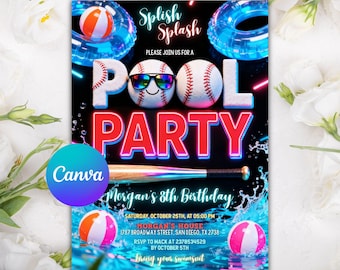 Baseball Pool Party Birthday Invitation, Splash Summer Pool Birthday Invite, Sports Pool Party, Editable Canva Template