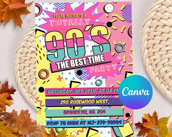 Invitación editable para fiesta de cumpleaños de los 90, Regreso a los 90, Invitación de cumpleaños de los 90, Fiesta de cumpleaños retro, Imprimible digitalmente