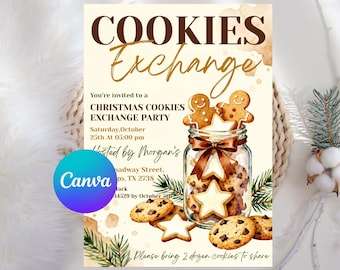 Convite para festa de decoração de biscoitos de Natal, convite para festa de fim de ano, festa de biscoitos de gengibre, modelo editável do Canva