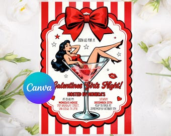 Uitnodiging voor feest Galentines Girls Night, handgetekende Valentijnsdag brunchfeest uitnodiging, digitale download, bewerkbare canva-sjabloon