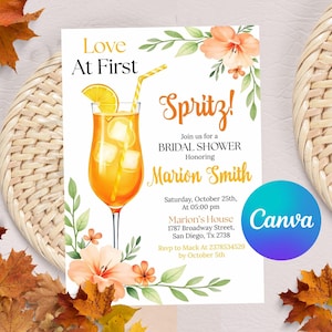Love at First Spritz Invitation, Aperol Spritz Bridal Shower Invite, Citrus Bridal Brunch Invitation Template, Editable in Canva