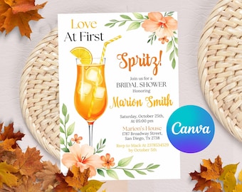 Love at First Spritz Invitation, Aperol Spritz Bridal Shower Invite, Citrus Bridal Brunch Invitation Template, Editable in Canva