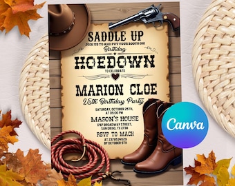 Editable Western Hoedown Birthday Party Invitation, Saddle Up And Put Your Boots On, Printable Cowboy Birthday Invite, Canva Template