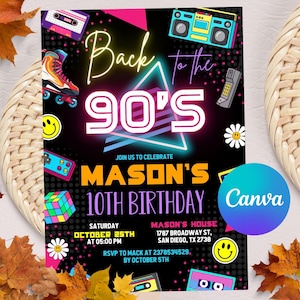 Faire-part d'anniversaire des années 90, faire-part de fête des années 90, invitation d'anniversaire des années 90, fête d'anniversaire rétro, invitation de mobile, modèle de toile