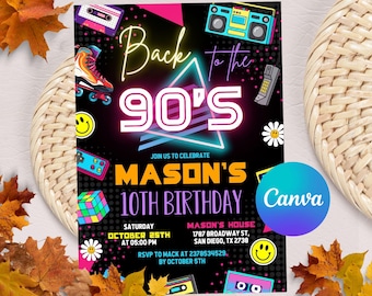 Editable 90's Birthday Invitation, 90's Party Invitation, 90's Birthday Invite, Retro Birthday Party, Mobile Invite, Canva Template