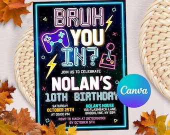Bearbeitbar BRUH SIE IN ? Gamer Geburtstagseinladung, Bruh Geburtstagsparty einladen, Gaming Party, Neon Einladung mit Canva