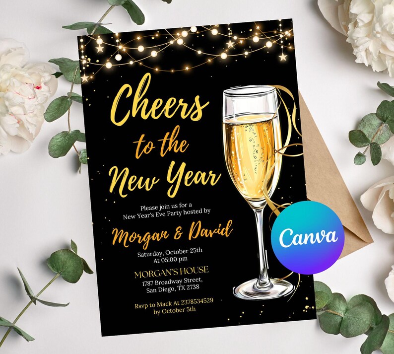 New Year's Eve Party Invitation Template, Editable Gold New Year's Party Invitation, NYE Party Invite Printable, Instant Download, EDITABLE New Years Party Invitation, Cheers To The New Year, Printable 2026 New Years Eve Party Invitation, Cheers to New Year's Party Invitation, Gold Glitter, New Year Cocktails Party, NEY Eve Invite, Black Gold Invite, Cheers To The New Year NYE Party Invitation Template, Printable Confetti New Year's Invite, Editable Champagne Invite, Template Instant Download
