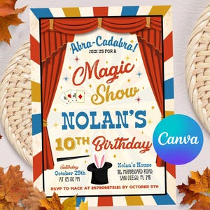 Invitaciones para fiestas de cumpleaños mágicas, invitaciones para fiestas mágicas, invitaciones para espectáculos de magia, imprimibles mágicos, invitación de mago, descarga instantánea