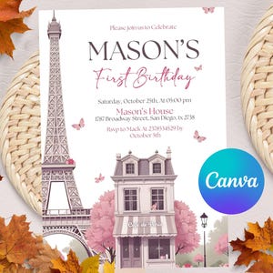 Modèle modifiable d'Invitation pour le premier anniversaire de Paris, Invitation 1er anniversaire en Français, fille Tour Eiffel, café parisien, téléchargement immédiat
