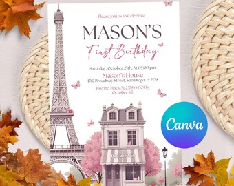Modello modificabile per invito al primo compleanno di Parigi, invito al primo compleanno francese, Torre Eiffel per ragazze, caffè parigino, download immediato