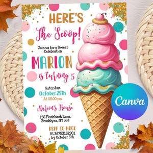 Ice Cream Birthday Invitation. Icecream Sweet Party Here&#39;s the Scoop Pink Mint Gold Girl Birthday EDITABLE Invite. Printable Download