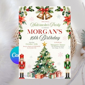 May include: A festive invitation for a Nutcracker Party to celebrate Morgan's 10th Birthday. The design features a Christmas tree, wrapped gifts, and nutcracker figures. The invitation includes the date, time, and location details.