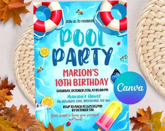 May include: A pool party invitation with a blue background featuring a pool float, a popsicle, and a glass of lemonade. The invitation says "Pool Party" and "Marion's 10th Birthday" with the date, time, and location. The Canva logo is in the bottom right corner.