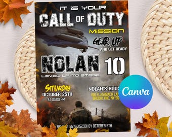 Military Party Invitations, Army Birthday Invitation, Soldier Birthday Invitation, Military Invite, Camouflage Invite, Editable with CANVA