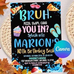 Bruh Birthday Invitation, Boy Pool Birthday Party Invitation, Bruh It&#39;s My Birthday Invite, Teenager Birthday, Instant Download