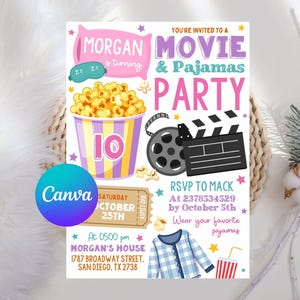 May include: A colorful invitation for a movie and pajamas party. The design includes a popcorn bucket, film reel, clapperboard, and pajamas. Text includes "Morgan is turning", "Movie & Pajamas Party", and RSVP details.