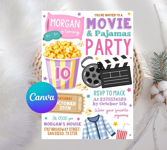 Movie and Pajamas Party Birthday Invitation Editable Template, Girl Movie PJs Slumber Party Popcorn Invite, Sleepover Movie Ticket Evite