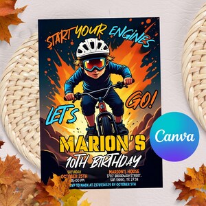 May include: A vibrant birthday invitation featuring a cartoon illustration of a child riding a bicycle. The text reads "Start Your Engines, Let's Go! Marion's 10th Birthday." Includes event details and the Canva logo.