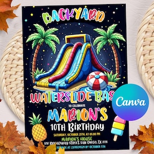 Water Slide Birthday Invitation, Water Slide Invitation, Water Slide Bash, Summer Pool Party, Girl Splash Party Invitation, Editable Canva