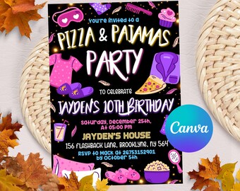 Invitación de cumpleaños con pizza y pijamas, invitación de cumpleaños para pijamadas, fiesta de pijamas, fiesta de cine (editable con CANVA)