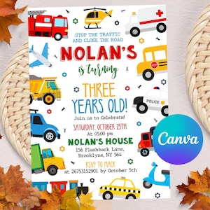 Invito di compleanno a tema trasporti, invito di compleanno a tema camion e auto, invito di compleanno a tema camion, invito di compleanno a tema treno e auto, download digitale