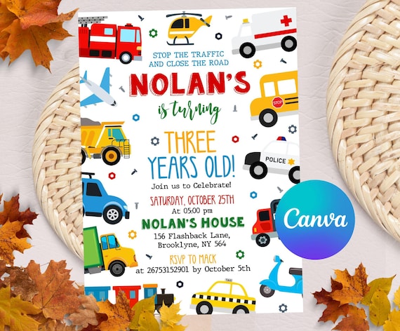 Transportation Birthday Invitation, Truck and Cars Birthday, Truck Birthday Invitation, Train, Cars Birthday Invite, Digital Download