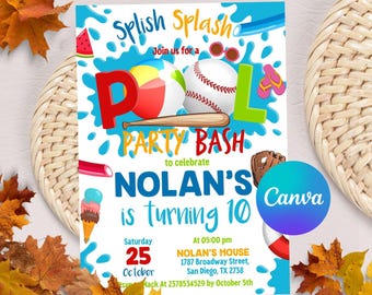 Editable Baseball Pool Birthday Party Invitation, Sports Birthday, Summer Pool Party, Digital Printable, Instant Download