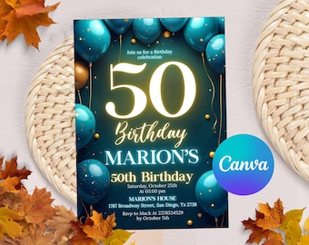 50th Birthday Invitation, Birthday Dinner Invitation, Adult Birthday Invite, Blue and Gold Birthday Printable Invite Editable Canva Template