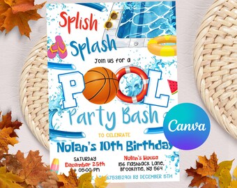 Editable Basketball Pool Party Invitation, Basketball Pool Party, Pool Party Invitation, Sports Basketball, Instant Download