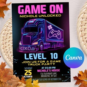 Videospiel-Truck-Einladung, Spiel-Truck-Geburtstagsfeier, Spiel-Truck-Einladung, Gamer-Geburtstags-Einladung, Neon-Einladung, bearbeitbare Canva.