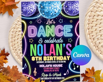 Editable Dance Party Invitation, Glow Dance Party Invitation, Glow Dance Party, Neon Glow Disco Dance Party, Instant Download