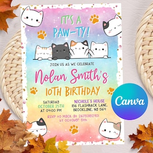 Invito di compleanno a tema gatto, invito a tema gatto, invito stampabile a tema gattino, invito digitale, inviti per animali domestici, modello modificabile Canva