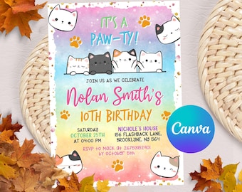 Cat Birthday Invitation, Cat Themed Invitation, Printable Kitten Invite, Digital invitation, Pet invitations, Canva Editable Template