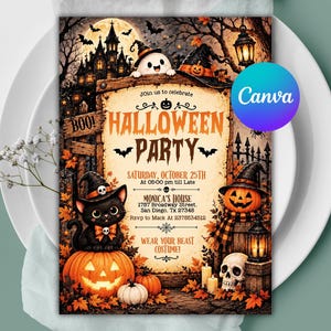 cute ghost birthday party invitation, ghost themed birthday invitation, cute ghost halloween invite, printable halloween ghost invite, halloween birthday invitation, boys girls halloween party invite, spooktacular kids halloween invite, editable ghost party invite, kids spooky birthday party invite, canva halloween birthday template, custom halloween birthday invite, editable canva ghost invitation, instant download halloween invitation, orange black ghost party template