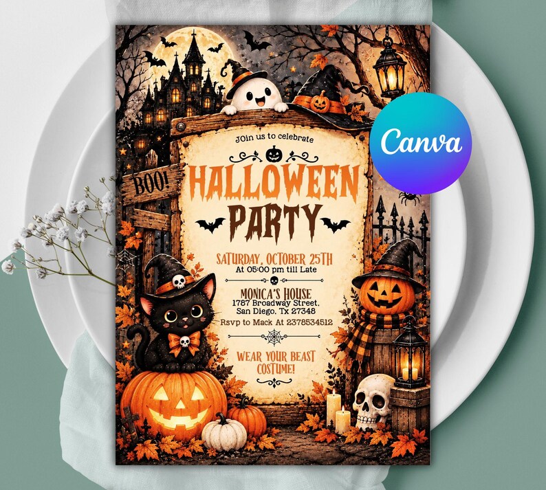 cute ghost birthday party invitation, ghost themed birthday invitation, cute ghost halloween invite, printable halloween ghost invite, halloween birthday invitation, boys girls halloween party invite, spooktacular kids halloween invite, editable ghost party invite, kids spooky birthday party invite, canva halloween birthday template, custom halloween birthday invite, editable canva ghost invitation, instant download halloween invitation, orange black ghost party template