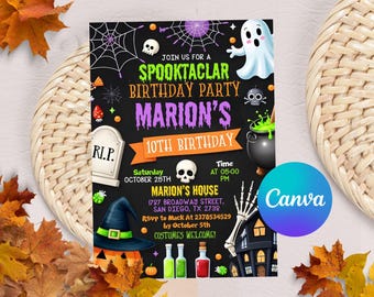 May include: A Halloween-themed invitation with a black background, featuring a ghost, skull, witch's hat, and cauldron. The text reads "Spooktacular Birthday Party" for Marion's 10th birthday, with date, time, and address details. The Canva logo is visible.