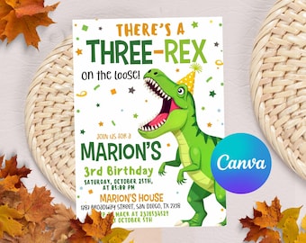 Dinosaur Birthday Invitation,Three Rex Birthday Invite, Boys Third Birthday Dino Party, Three-Rex On The Loose, Editable Canva Template