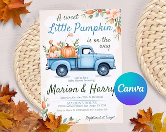 Little Pumpkin Baby Shower Invitation, Blue Truck Fall Shower Invite, Autumn Baby Shower Invite Editable Printable Download
