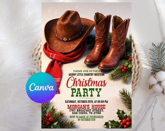 May include: An invitation for a Country Western Christmas Party, featuring a brown cowboy hat, red scarf, and brown cowboy boots. The text details the party's date, time, and location. The design has a festive theme.