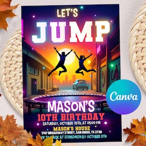 Jump Birthday Invitation, Jump Invite, Trampoline Party, Bounce House, Tie Dye Jump, Let&#39;s Jump Party, Trampoline Park, Editable Canva