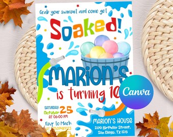 May include: A colorful invitation for a water balloon party. The invitation features a blue bucket filled with water balloons, a green hose, and the text "Soaked! Marion's is turning 10". The party is on Saturday, October 25th at 6:00 PM. RSVP to Mack at 7509489123.