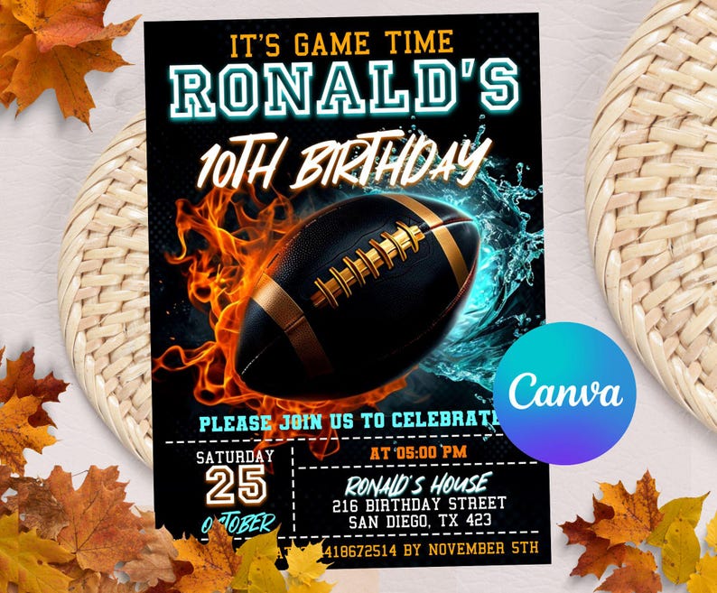 Football Invitation, Football Birthday Invitation, Football Game, Sports Party Invite, American Football Invite, Touchdown Football Invite