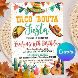 May include: A colorful invitation for a Taco 'Bout a Fiesta themed birthday party. The invitation features a sombrero, a taco, a guitar, and cacti. The text on the invitation reads "Taco 'Bout a Fiesta", "Join us to celebrate Lauren's 10th Birthday", "Saturday, October 25th at 05:00 in the afternoon", "Lauren's House", "156 Flashback Lane, Brooklyne, NY 564", "RSVP to Mack at 26753152901 by October 5th".