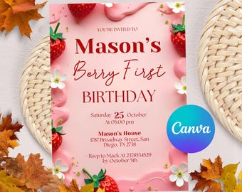 Editable Berry First Birthday Invitation, Editable 1st Birthday Girl Invite, Strawberry First Birthday Girl Invitation Canva Template