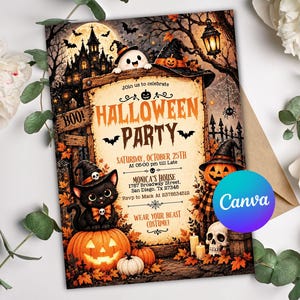 cute ghost birthday party invitation, ghost themed birthday invitation, cute ghost halloween invite, printable halloween ghost invite, halloween birthday invitation, boys girls halloween party invite, spooktacular kids halloween invite, editable ghost party invite, kids spooky birthday party invite, canva halloween birthday template, custom halloween birthday invite, editable canva ghost invitation, instant download halloween invitation, orange black ghost party template