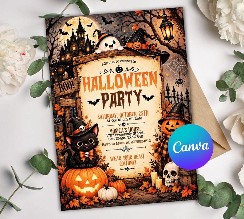 cute ghost birthday party invitation, ghost themed birthday invitation, cute ghost halloween invite, printable halloween ghost invite, halloween birthday invitation, boys girls halloween party invite, spooktacular kids halloween invite, editable ghost party invite, kids spooky birthday party invite, canva halloween birthday template, custom halloween birthday invite, editable canva ghost invitation, instant download halloween invitation, orange black ghost party template