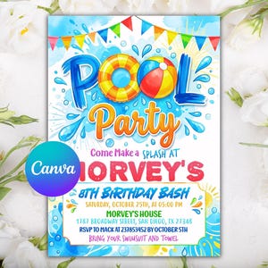 Inbjudan till poolparty, sommartemafest med pooltema, inbjudan till het sommarstänk, redigerbar Canvas-mall